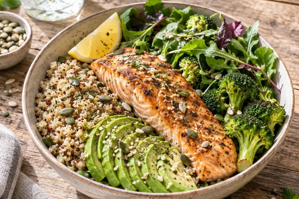 Bol de saumon grillé, quinoa, avocat, brocoli et salade verte sur une table en bois